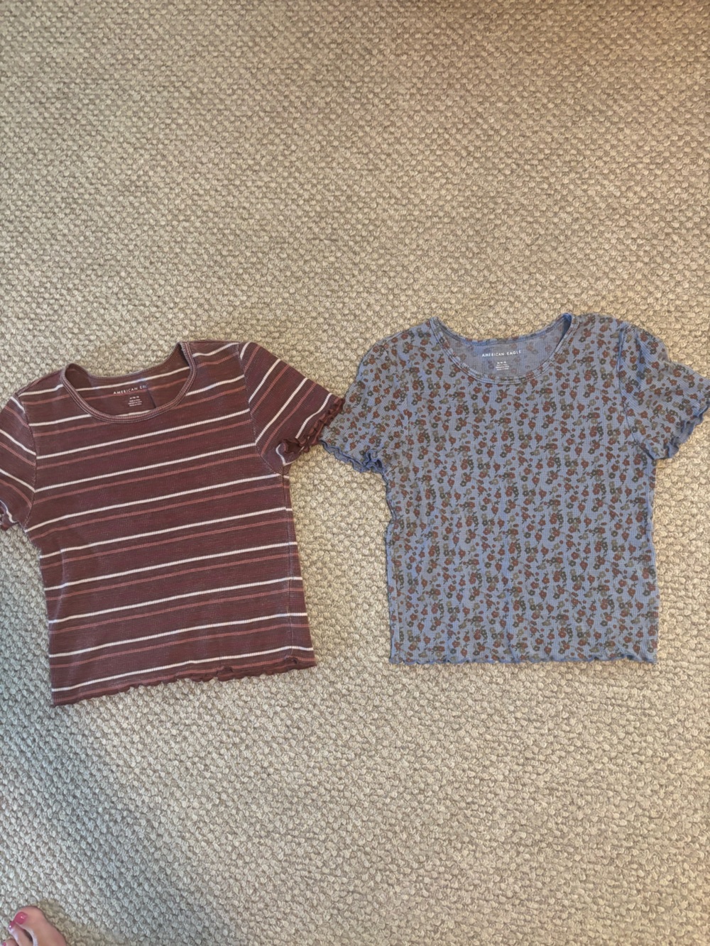Set of 2 American Eagle Casual Women's Tees - Blue Floral & Burgundy Stripe
